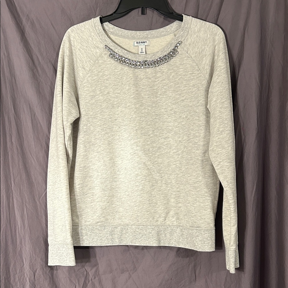 Old Navy Gray Crew Neck Sweater with Rhinestone Neckline